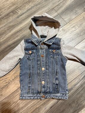 Little Bipsy Light Blue Denim Jacket with Gray Hoodie Sleeves